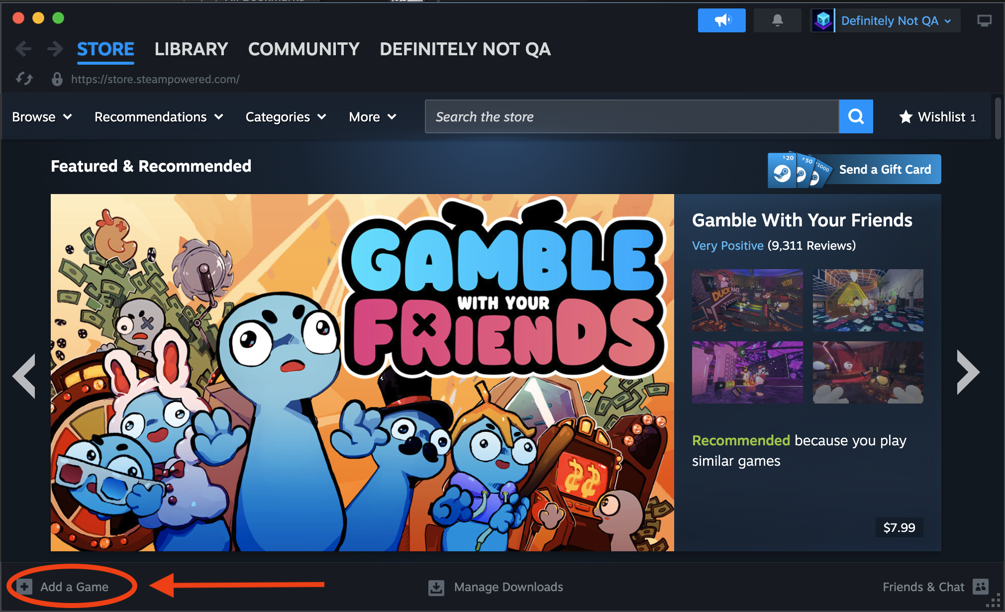 Steam window with the "Add a Game" button circled in the bottom-left corner