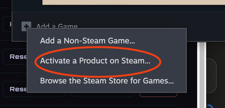 The Add a Game menu with "Activate a Product on Steam…" highlighted