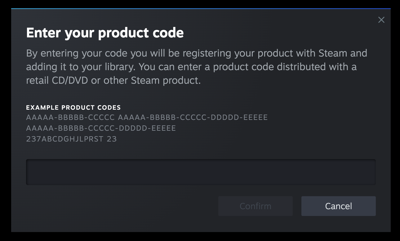 Steam's "Enter your product code" dialog with a field for the key