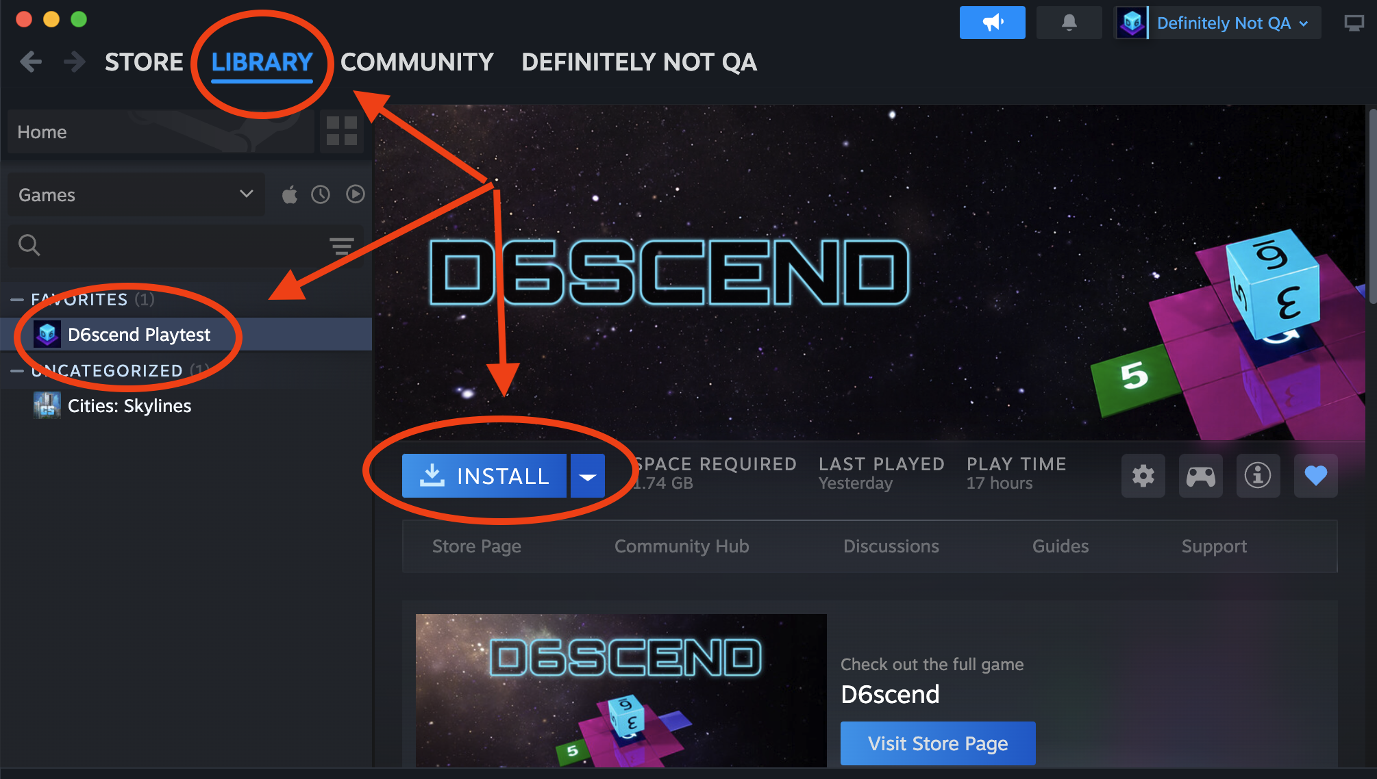 The D6scend Playtest page in the Steam Library with the Install button
