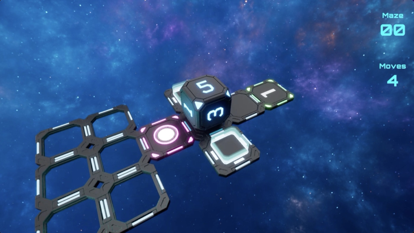 D6scend screenshot — Every maze ends on a goal tile that demands one specific face.