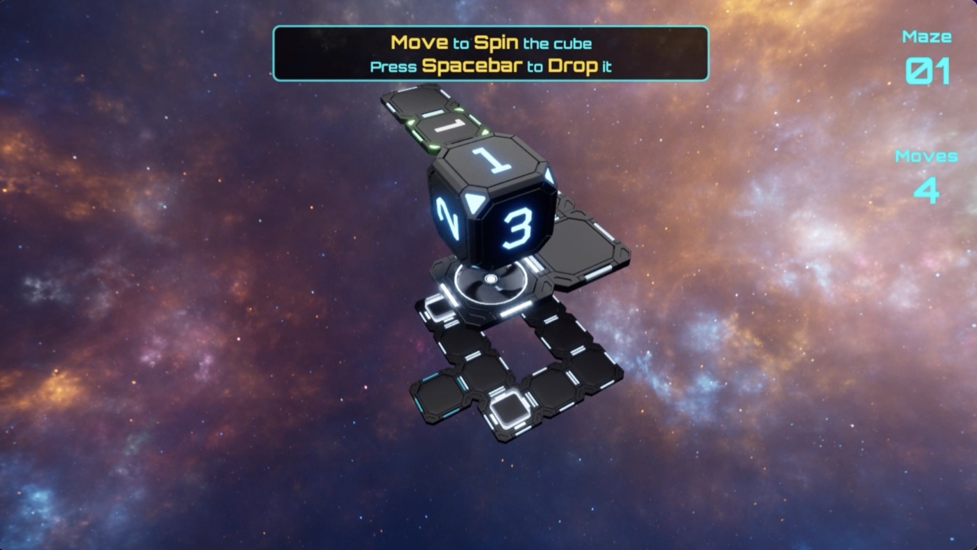 D6scend screenshot — A spinner holds the cube so it can turn in place before dropping.