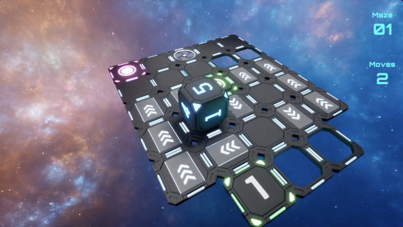 D6scend screenshot — Arrow tiles carry the cube along, forcing movement into a route.