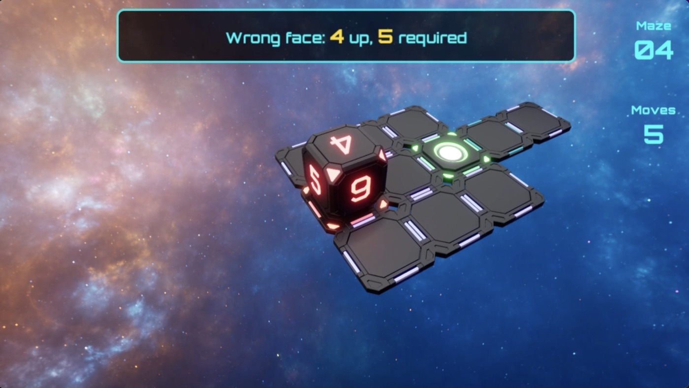 D6scend screenshot — Reaching the goal in the right place with the wrong face up fails it.